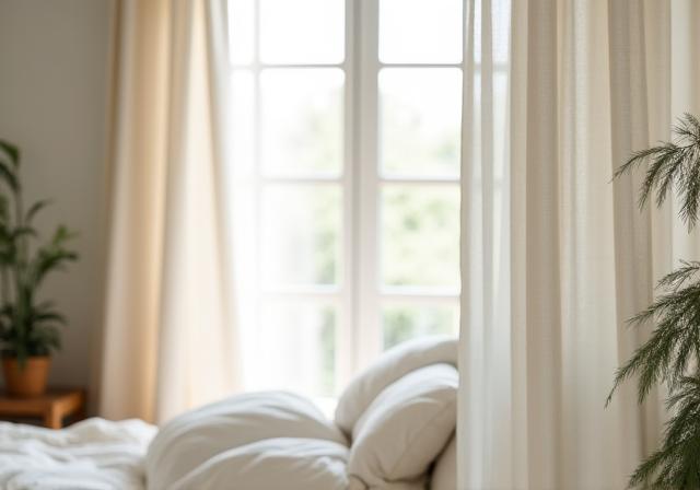 Organic linen curtains in sustainable bedroom