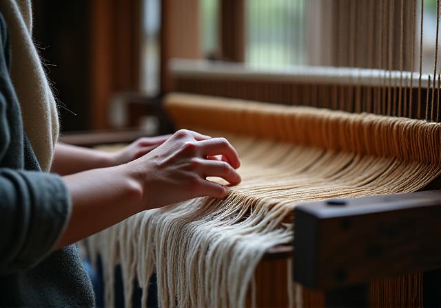 Traditional Canadian weaving loom with artisan